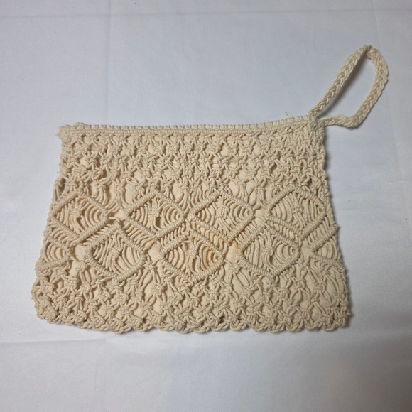 Unbranded Handbags - Unbranded Cream Macrame Wristlet Clutch Bag Boho Geometric Knotted Zipper‎ Pouch